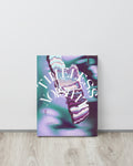 Timeless Illusion wall art canvas decoration leaning against wall. Purple, navy and green gradient  colors, melting watch, trippy digital art