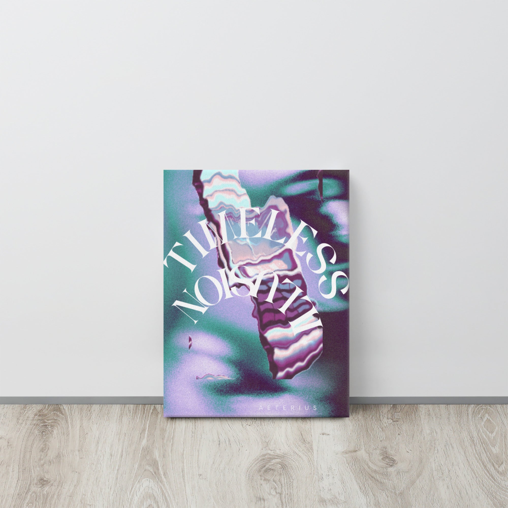 Timeless Illusion wall art canvas decoration leaning against wall. Purple, navy and green gradient  colors, melting watch, trippy digital art