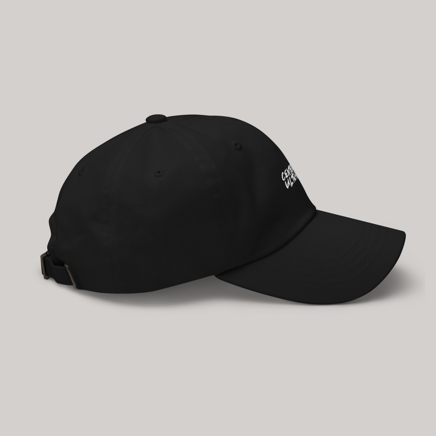 aeterius streetwear side view of black dad hat cap embroidered front 