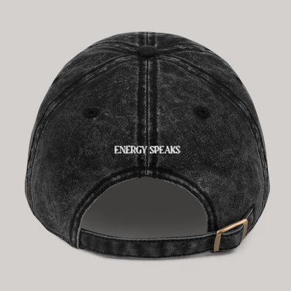 Streetwear black baseball cap in washed black denim color, back embroidery 'energy speaks',  adjustable metal buckle