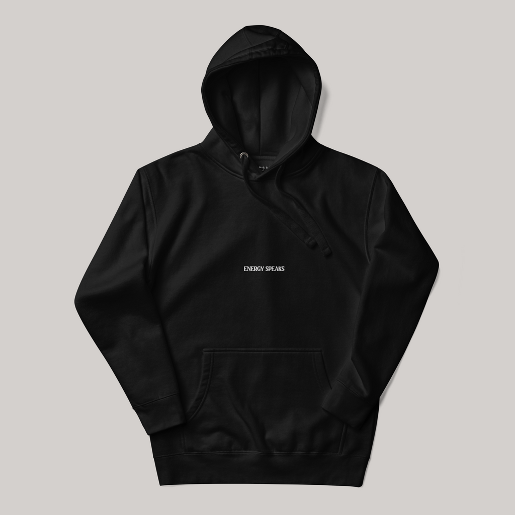Black hoodie minimalistic 'energy speaks' AETERIUS streetwear hoodies and black sweatshirts