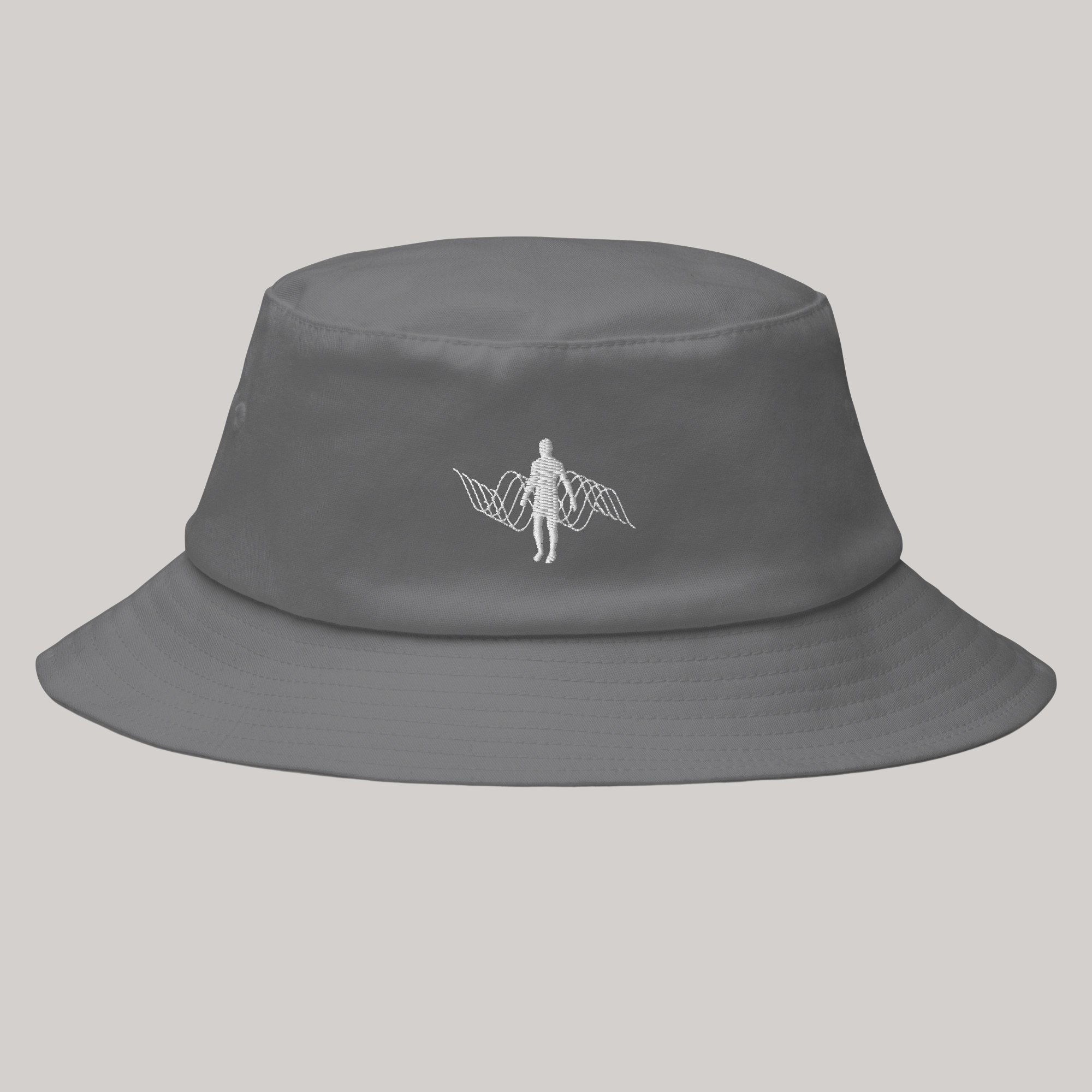 grey bucket hat, embroidered emanating waves of vibration- made of premium cotton. Front view