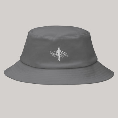 grey bucket hat, embroidered emanating waves of vibration- made of premium cotton. Front view