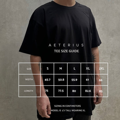 AETERIUS Luxury Streetwear Urban Clothing Plain black t shirt size guide oversized relaxed fit 