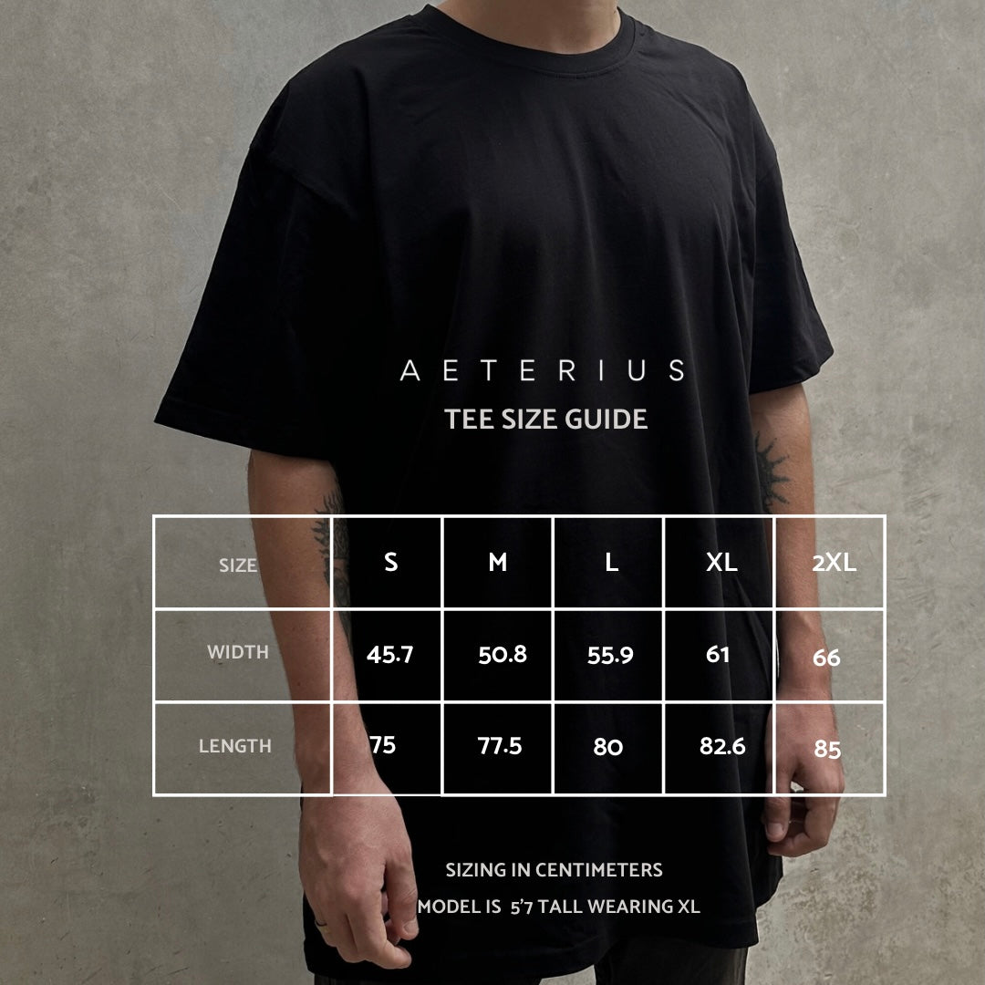 AETERIUS tee size guide chart black oversized t-shirt streetwear