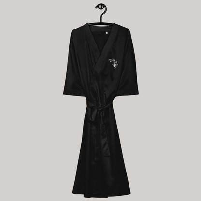 full front view of japanese koi fish embroidered kimono black satin robe waist tie belt 3/4 sleeves long  full body 