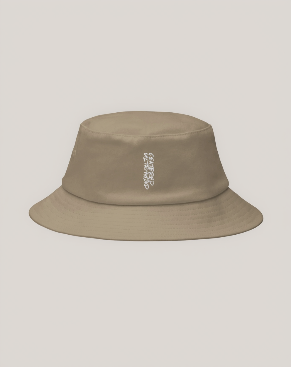 light brown/beige/khaki bucket hat: streetwear hats ('centered ultramind' vertical text in central white embroidery)