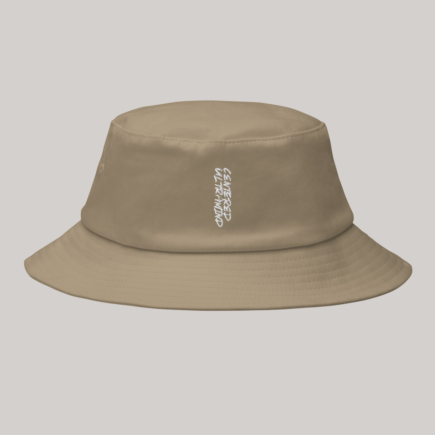 light brown/beige/khaki bucket hat: streetwear hats ('centered ultramind' vertical text in central white embroidery)