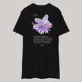 Limited edition streetwear t-shirt 'endless moments' with pink and light blue futuristically shaped graphic and curved white fonts on top; white text beneath