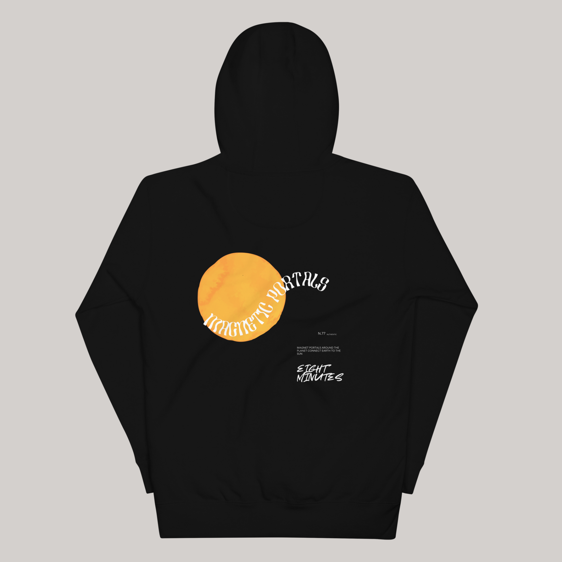 black hoodie AETERIUS graphic hoodie, Magnetic Portals streetwear hoodies, yellow and black