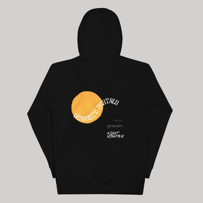 black hoodie AETERIUS graphic hoodie, Magnetic Portals streetwear hoodies, yellow and black