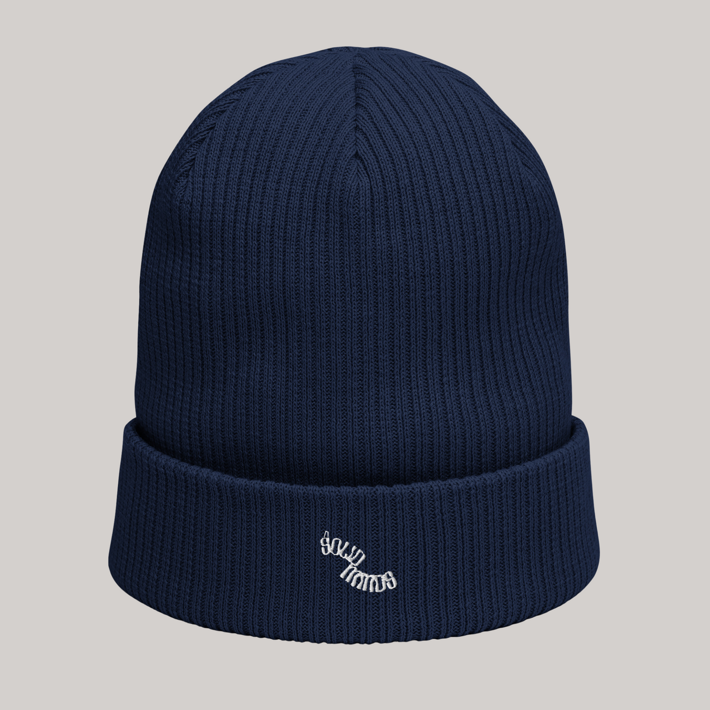 Oxford navy blue organic ribbed beanie: headwear accessory. Solid Minds text design embroidery on front centre