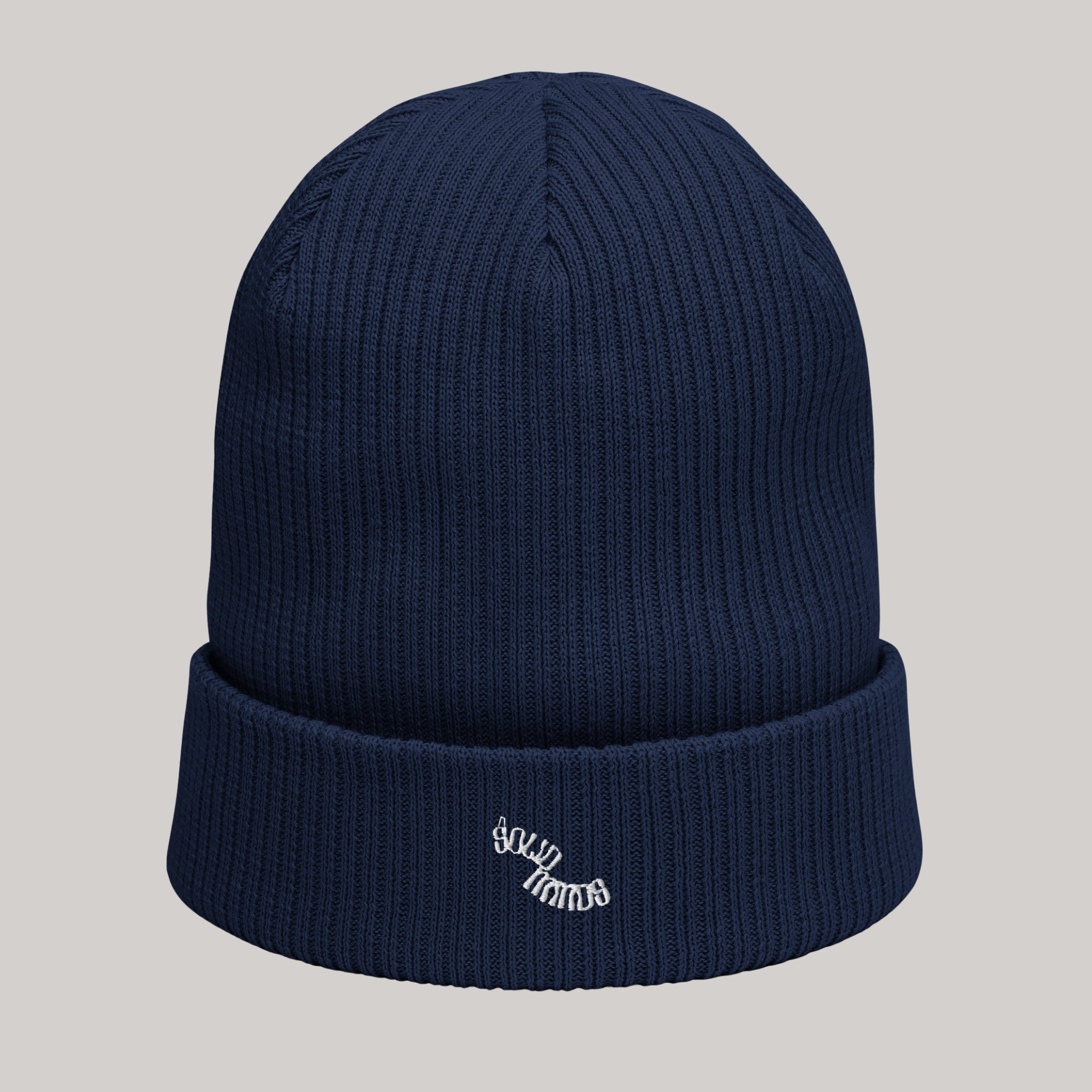 Oxford navy blue organic ribbed beanie: headwear accessory. Solid Minds text design embroidery on front centre