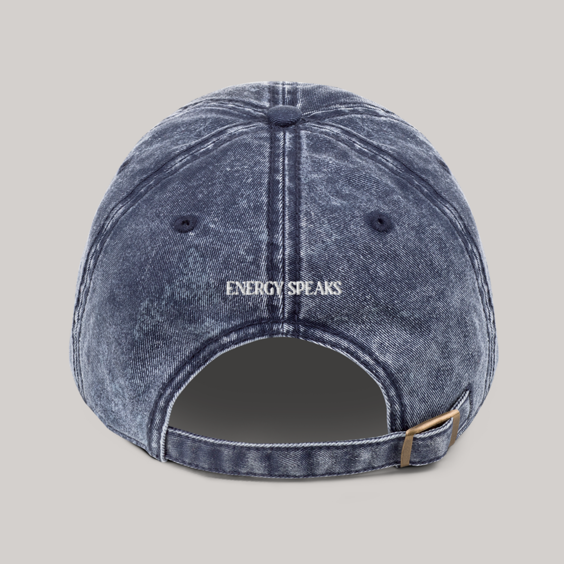 Back side of cap: cotton twill, washed out vintage denim look, 'energy speaks' back embroidery. Strap closed