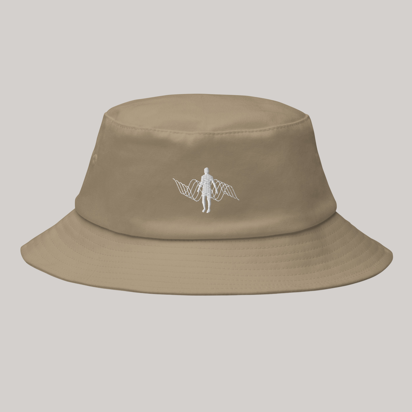 khaki bucket hat, brown/beige color, person emanating waves of vibration embroidery in white